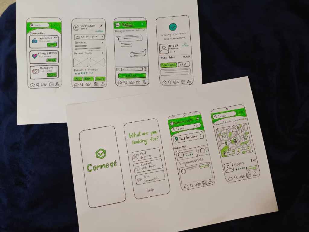 Conneqt - Hyperlocal Discovery platform wireframe sketches