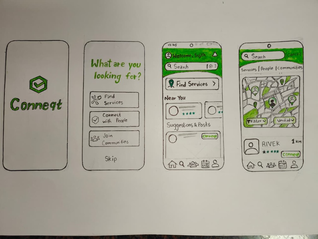 Conneqt Wireframe Sheet 2 - Splash, Onboarding choices, Search Dashboard, and Map view