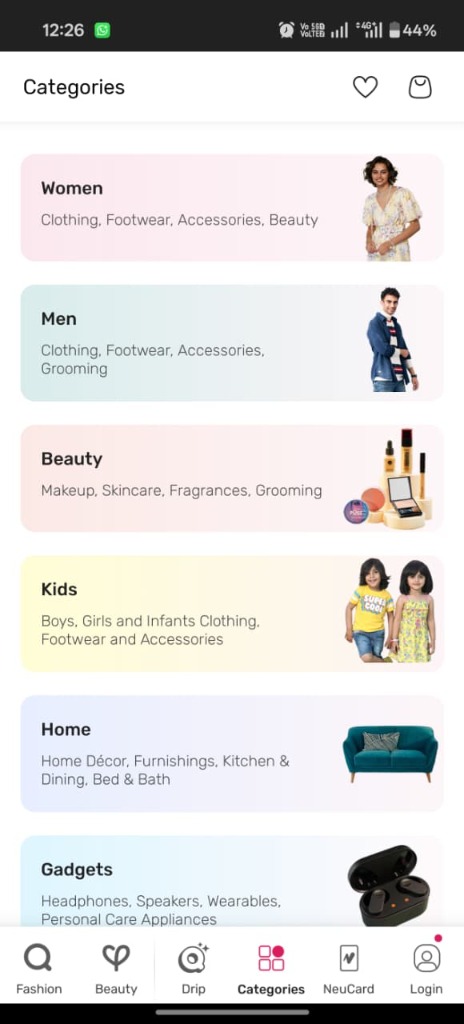 Original categories screen